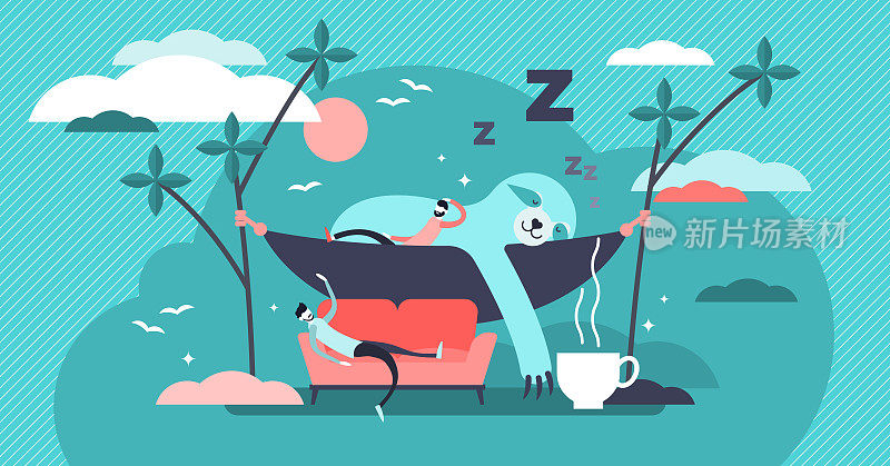 Laziness vector illustration. Flat tiny sleepy animals and persons concept.